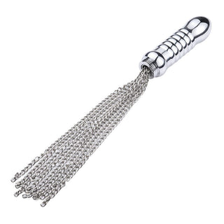 Presenting an image of Multipurpose Chain Mail Whip with fur tickler and metal flogger for versatile pleasure.