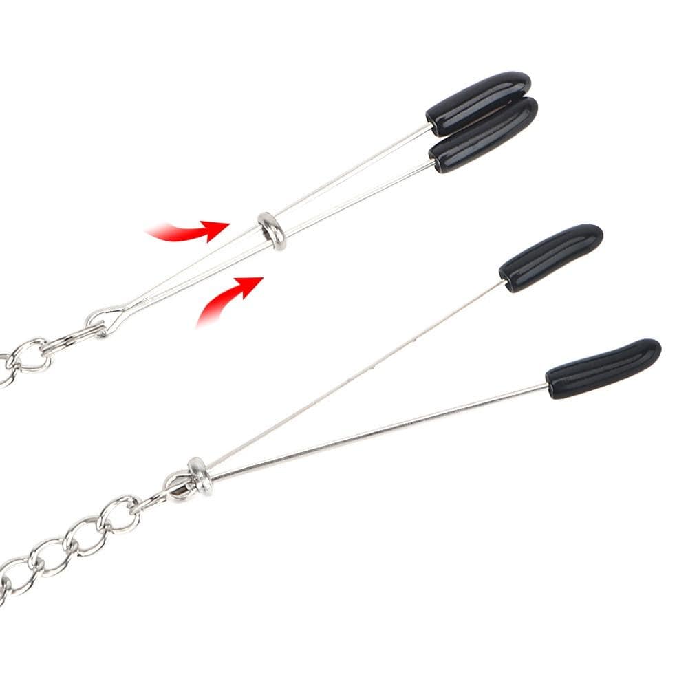 Metal nipple clamps with silicone-covered tips, designed for safety and pleasure.