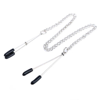 A close-up of adjustable Chained Tweezers Nipple Clamps with silicone-covered tips.