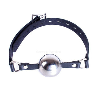 Stainless Steel Jawbreaker Gag in silver color with adjustable strap for BDSM play.