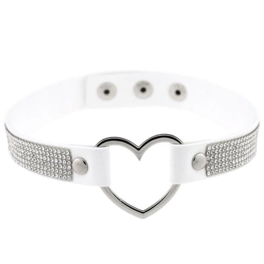 Here is an image of Velvety Rhinestone Choke Collar for Humans with heart-shaped buckle and rhinestones