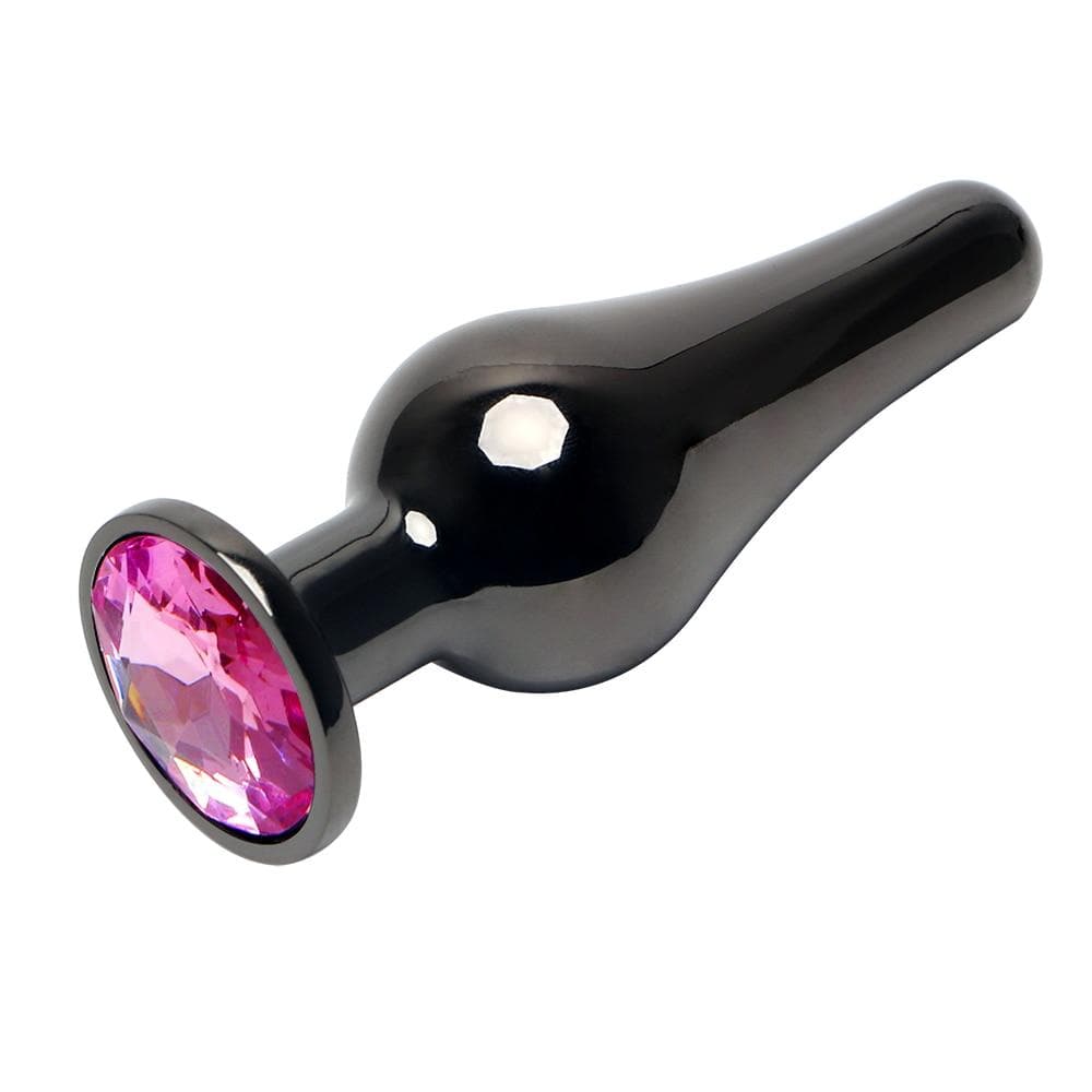 Luxurious and hygienic gunmetal black jeweled metal plug for intimate moments.