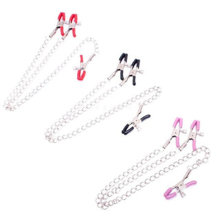 Displaying an image of Nipple and Clit Clamps in romantic red, pretty pink, and bold black colors for sensory play.