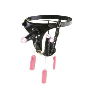 You are looking at an image of Ultimate Satisfaction Vibrating Strap On With Harness, a versatile set with customizable straps, vibrating feature, and three TPE dildos for intimate pleasure.