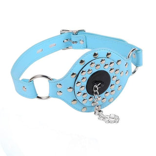 Check out an image of Removable Mouth Stopper Leather Gag in sky blue color with adjustable vegan leather straps and metal buckle.