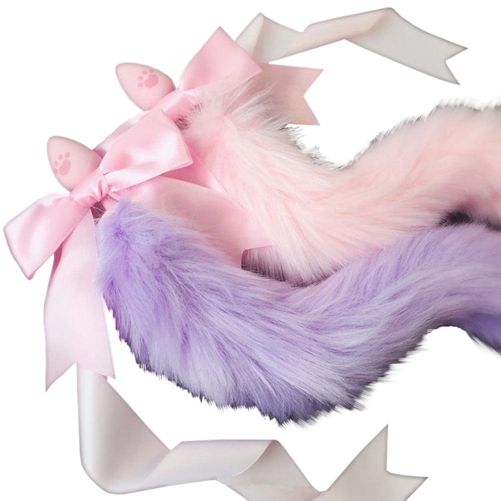 Featuring an image of Cosplay Cat Tail Plug 13 to 15 Inches Long in black color with a fluffy faux fox tail and a silicone plug with a paw print base.