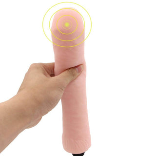 A Flesh-colored vibrator made of premium TPR material, 9.65 inches in length and 2.09 inches in width.