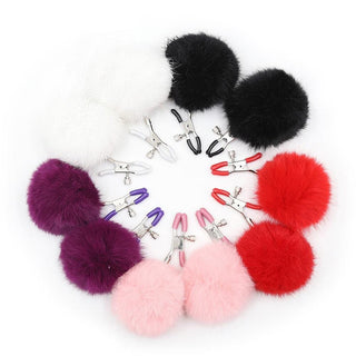 Observe an image of Fun Time Sexy Clamps in Silver/Red color with fluffy balls for sensory stimulation.