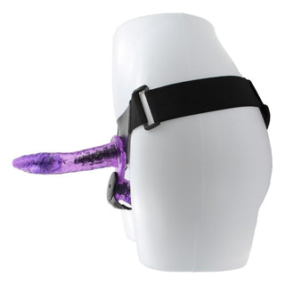 Take a look at an image of a Stylish Purple Double Ended Vibrating Harness featuring a strap-on harness made from comfortable PU leather with elastic for secure fit.