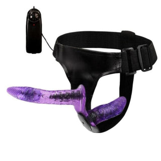 Pictured here is an image of a Stylish Purple Double Ended Vibrating Harness with a remote control for controlling intensity of vibrations.