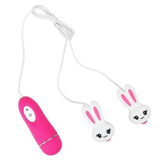 What you see is an image of Cute Bunny Vibrating Clamps, featuring a white and pink color scheme and bunny-shaped design.