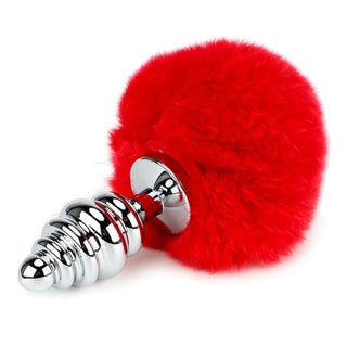 Check out an image of Colorful Ribbed Bunny Tail 5.7 Inches Long Backdoor Fun Accessory with stainless steel plug