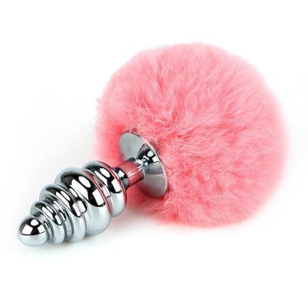 Colorful Ribbed Bunny Tail Butt Plug 5.7 Inches Long