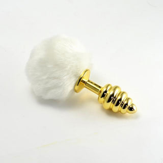 This is an image of Ribbed Golden Bunny Tail 5.7 Inches Long with fluffy synthetic fur tail in white color.