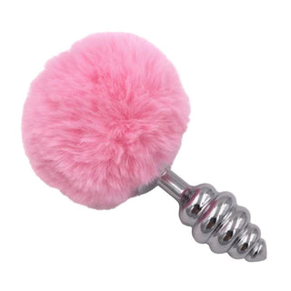 Luxurious pink ribbed-contoured bunny tail plug made of stainless steel.