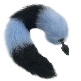 Presenting an image of Mythical Blue Wolf Tail Plug 2.76 to 3.54 inches long in small size with metal plug and synthetic fur handle.