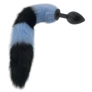 Feast your eyes on an image of Mythical Blue Wolf Tail Plug 2.76 to 3.54 inches long in medium size with metal plug and synthetic fur handle.
