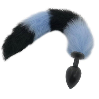 Featuring an image of Mythical Blue Wolf Tail Plug showcasing the black plug and long, swaying blue and black faux fur tail.