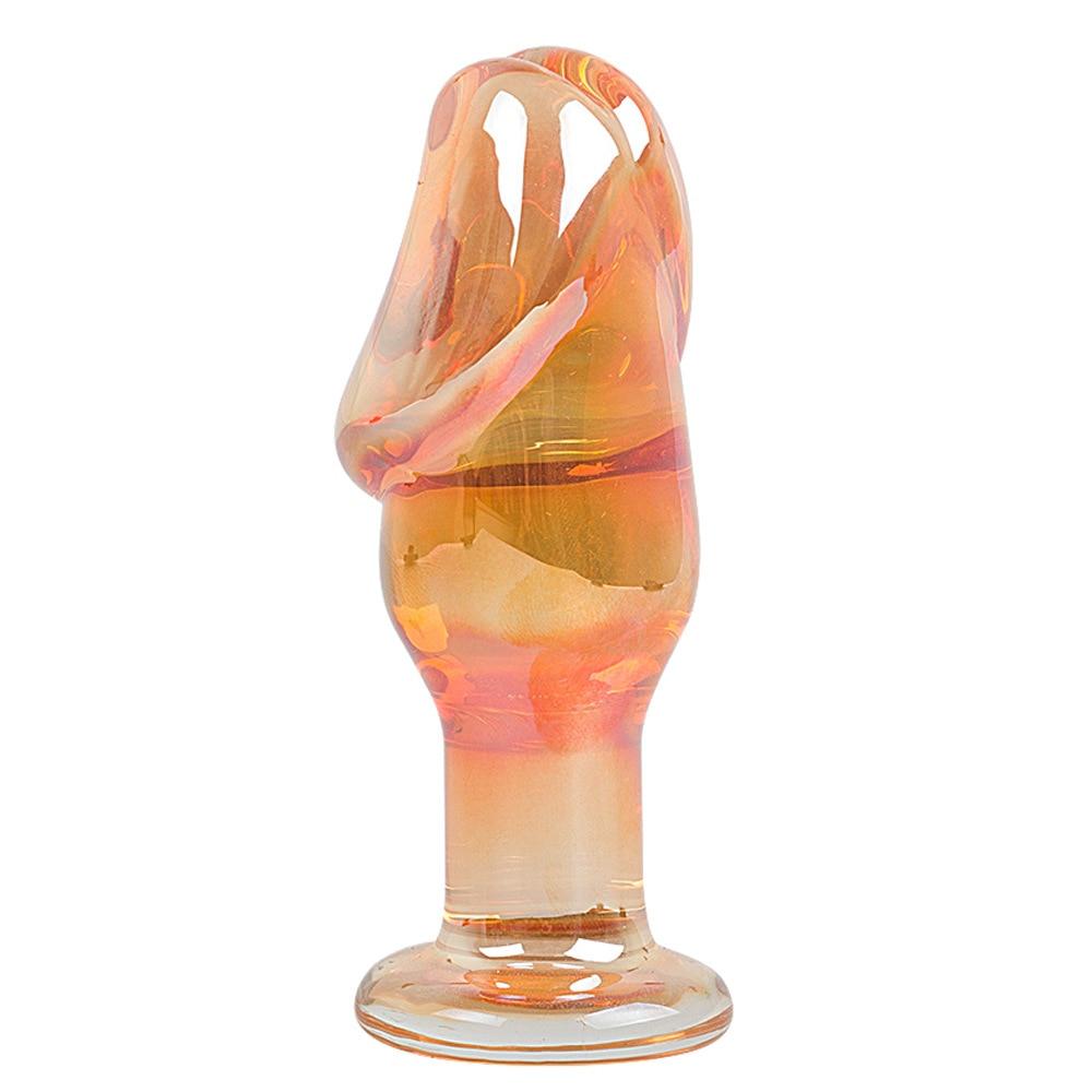 Check out an image of Cute Penis-Like Golden 5 Inch Glass Dildo with simulated penis head and distinct glans.