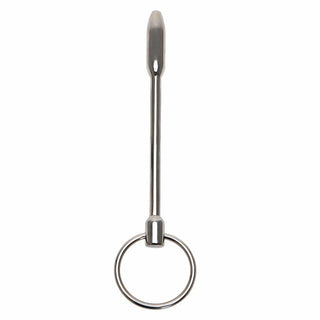 View of a stainless steel urethral stretcher with ring attachments for easy control and retrieval.