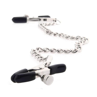 This is an image of Erotic Nipple Clamps With Chain, designed for a secure hold with silica gel tips and stainless steel chain for added sensations.