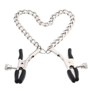 This is an image of Erotic Nipple Clamps With Chain, featuring a stainless steel chain for delightful pull and heightened pleasure.