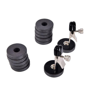 Take a look at an image of Magnetic Discs Weighted Nipple Clamps, featuring adjustable clamps with delicate rubber tips for gentle sensation.