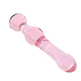 Presenting an image of Fine Glass Double Ended 7.5 Inch Pink Wand, a sleek glass dildo with bulbous heads for G-spot or prostate stimulation.