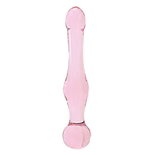 This is an image of the 7.5 inch pink wand, a high-quality glass double ended dildo for shared pleasure in couple play.
