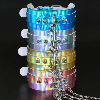 You are looking at an image of En Vogue Holographic Collar in vibrant White, Pink, Yellow, and Blue colors made from PU Leather and Zinc Alloy materials.
