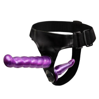 Take a look at an image of the Double Penetration Purple Strap On Dildo featuring two dildos in purple and black colors, designed for simultaneous pleasure.