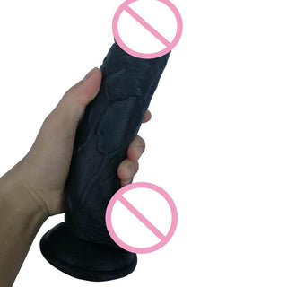 This is an image of a long and veiny black dildo, with a bulbous head, perfect for G-spot and prostate massages.
