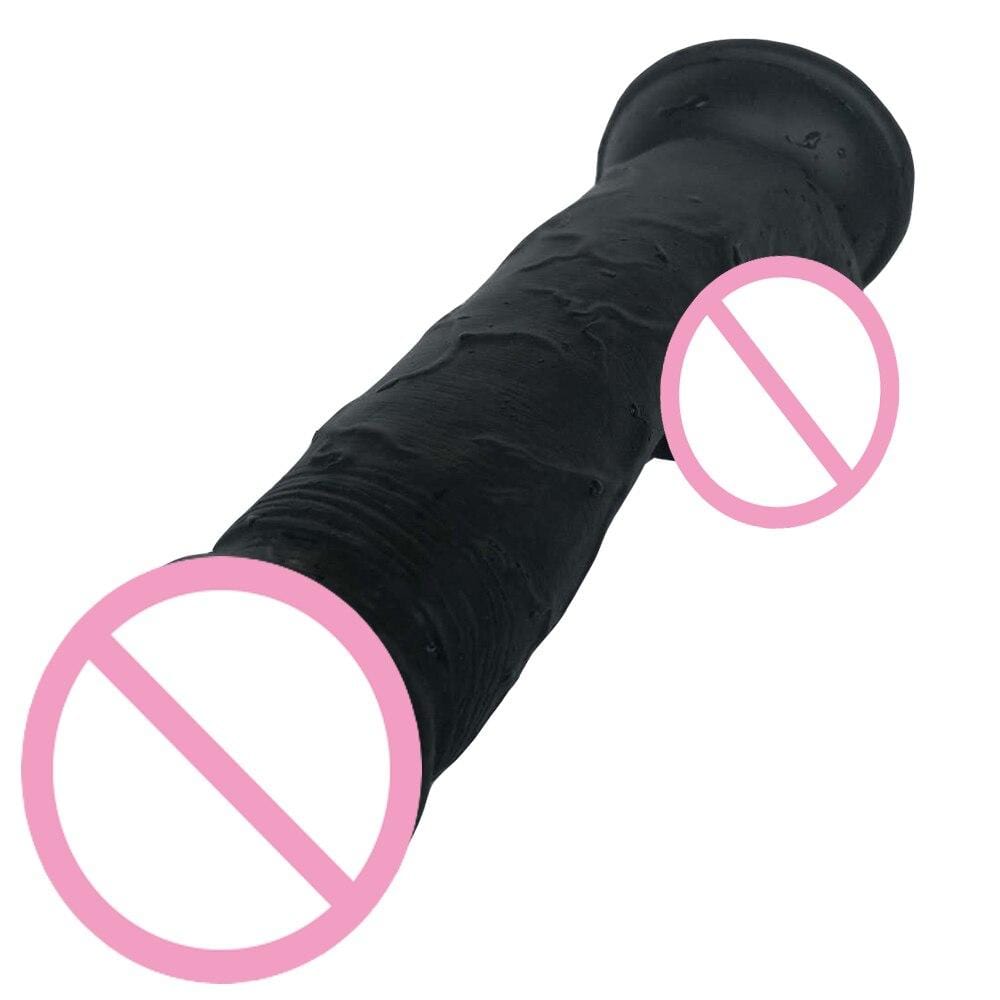 A black PVC dildo with a textured surface, designed for deep penetration and satisfaction.