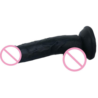 Image of a flexible black dildo ready to fulfill your deepest fantasies with its premium PVC material.