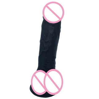 A realistic black dildo with wrinkles and a strong suction cup base for hands-free fun.