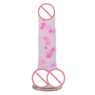 What you see is an image of Fantastic 7 Inch Soft Jelly Dildo, a colorful silicone dildo with purple and pink dots resembling a jelly candy.
