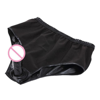 Skin-friendly black dildo briefs with silicone dildo and elastic waistband.