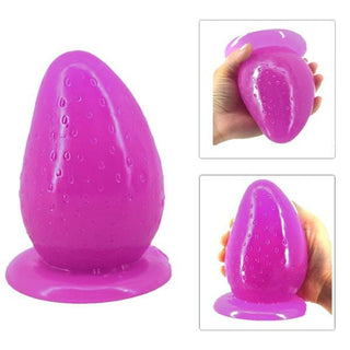 View of the Purple Strawberry Anal Dildo With Suction Cup - Silicone material, tapered tip for easy insertion, flared base for safety.