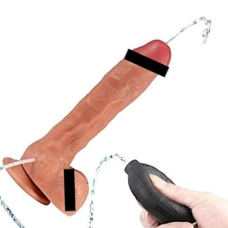 Realistic 9 Inch Squirting Dildo With Suction Cup in flesh color, silicone material, 9.4 inches in length and 1.7 inches in width.