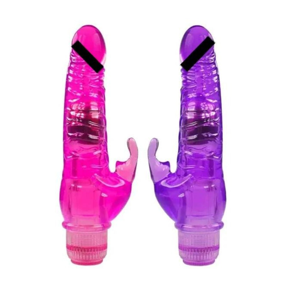 A soft rabbit vibrating dildo in purple color, made of silicone material, measuring 8.58 inches total length and 5.51 inches insertable length, with a diameter of 1.57 inches.
