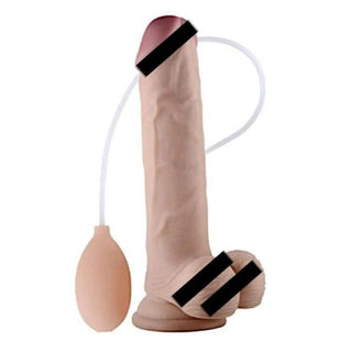 You are looking at an image of Cumming 8 Inch Dildo With Balls and Suction Cup, a realistic ejaculating dildo made from TPE.