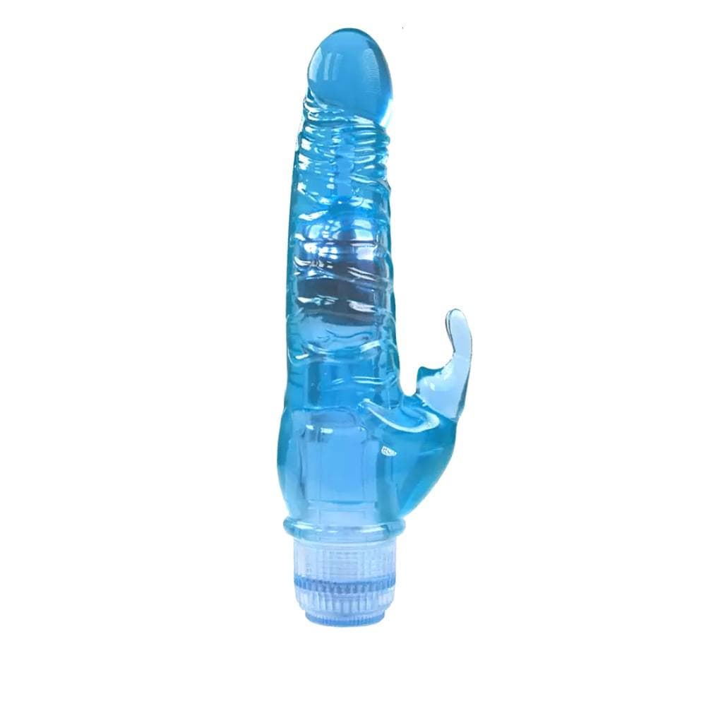 This is an image of a sky blue soft rabbit vibrating dildo, with a ribbed shaft for G-spot stimulation and a small rabbit for extra clit stimulation.