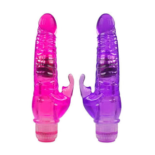 Observe an image of a purple soft rabbit vibrating dildo, crafted from medical-grade silicone, featuring ribs for deeper penetration and mind-blowing orgasms.